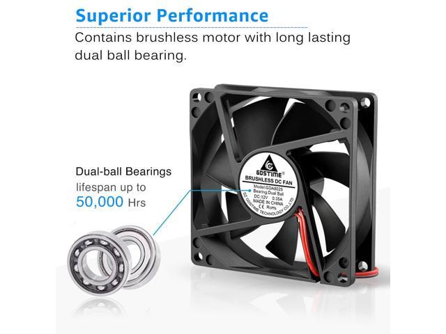 GDSTIME 2 Pack 80mm x 25mm Dual Ball Bearings High Speed 4500RPM 12V DC Brushless Cooling Fan