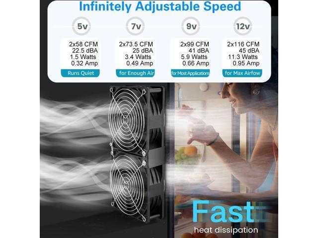 GDSTIME Dual 120mm x 38mm Computer Fan with AC Plug, AC 110V-240V Variable Speed Fan 240mm for DIY Cooling Mining Rig Server Case Grow Rack AV...