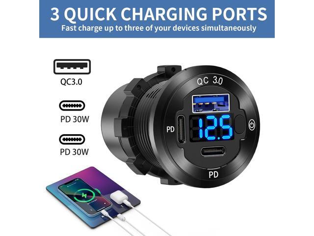 12V USB Car Socket Round USB C 12V Outlet, 3-Port Marine USB Fast Charger Waterproof Cigarette Outlet USB Replacement Aluminum with Switch &...