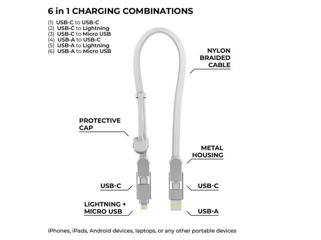 Rolling Square inCharge XL 6-in-1 Multi Charging Cable, Portable USB and USB-C Cable with 100W Ultra-Fast Charging Power, 1 Ft/0.3m, Glacier White