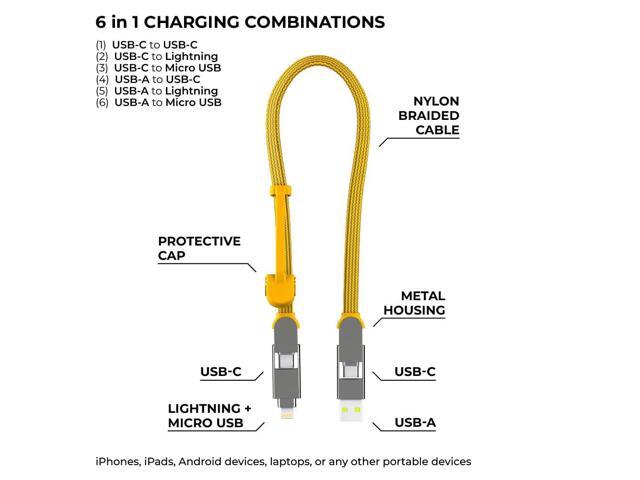 Rolling Square inCharge XL 6-in-1 Multi Charging Cable, Portable USB and USB-C Cable with 100W Ultra-Fast Charging Power, 1 Ft/0.3m, Summit Yellow