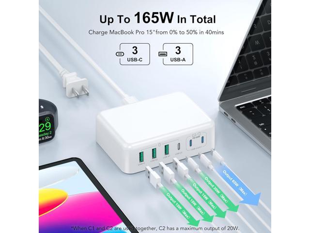 165W 6 Port Desktop PD GaN Fast Charging Station Hub Compatible with MacBook Air/Pro, iPad Pro, iPhone, Galaxy, Pixel, LG Devices