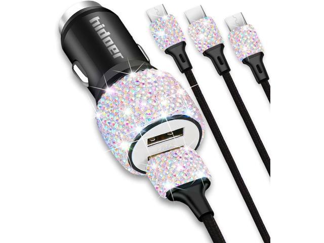 Bling USB Car Charger 5V/2.4A Multicolor Crystal Decoration Dual Port Fast Adapter with 4ft Nylon Type C 3-in-1 Multi Charging Cable for iPhone...