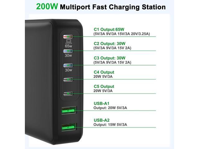 USB C Charger, 200W 7 Ports Fast GaN USB C Charging Station, 65W USB C Laptop Charger Compatible with MacBook Pro/Air, iPad, iPhone 14/14 Plus/14...