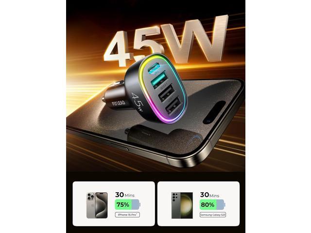 USB C Car Charger, 45W 4 Ports Super Fast Car Charger Adapter, PD3.0 & QC3.0 30W Type C Car Charger Compatible with iPhone 15/14/13/12/11, Samsung...