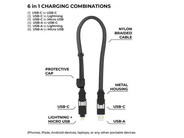 Rolling Square inCharge XL 6-in-1 Multi Charging Cable, Portable USB and USB-C Cable with 100W Ultra-Fast Charging Power, 1 Ft/0.3m, Urban Black