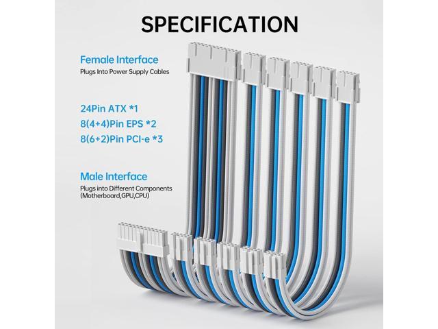 Asiahorse Customization Mod Sleeve Extension Power Supply Cable Kit 16AWG ATX/EPS/8-Pin PCI-E/6-pin PCI-E (Mix Color, Blue-White)
