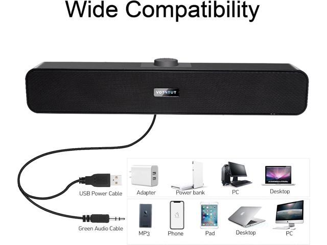 Computer Speakers, Wired USB Mini Sound Bar Speaker for PC Tablets Laptop MP3 Mac Air/Pro (USB-C to USB Adapter Included) (Black)