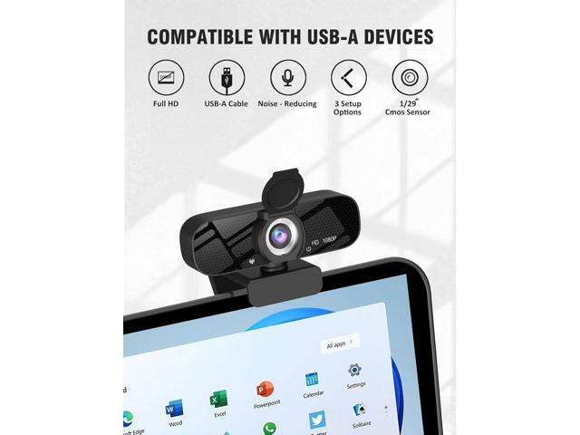 Full HD Webcam with Built-in Microphone and Rotatable Tripod, 1080P Video and Wide Angle Camera, Privacy Cover, for Desktop PC or Laptop Computer