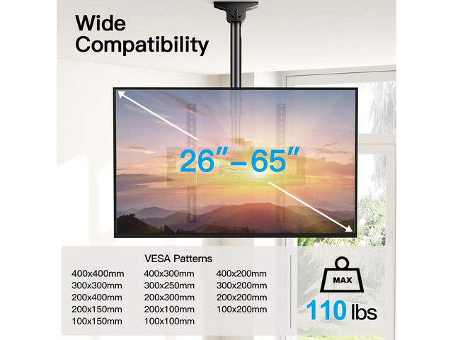 PERLESMITH Ceiling TV Mount for 26-65 inch Flat Screen Displays, Hanging Adjustable Ceiling TV Bracket Fits Most LCD LED OLED 4K TVs, Pole Ceiling...