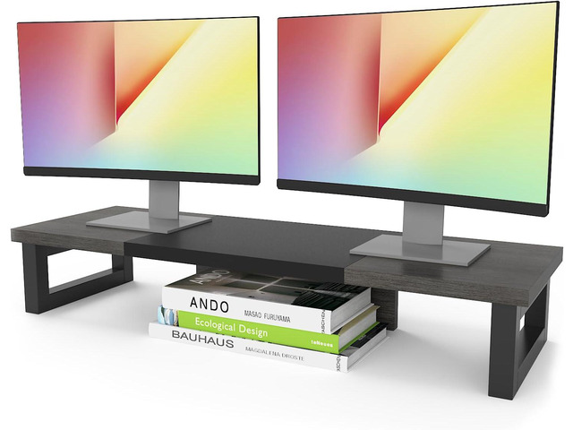 WESTREE Dual Monitor Stand Riser, Wood and Steel Monitor Stand Riser, Computer Monitor Stand for 2 Monitors, Multi-Purpose Desktop Storage Stand...