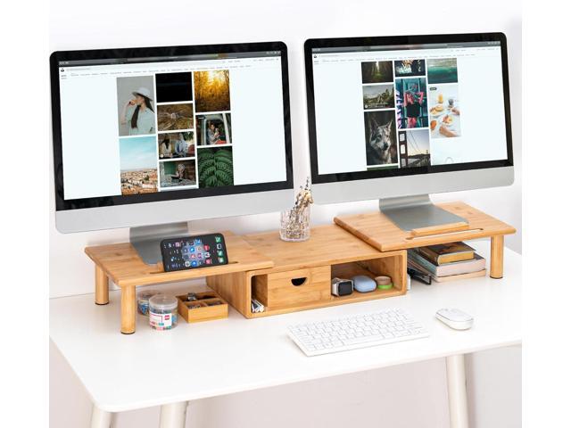 Dual Monitor Stand Riser with Drawer for Desk Laptop Desk Shelf with Adjustable Length and Angle, Bamboo Computer Stand Riser for 2 or 3 Monitors...