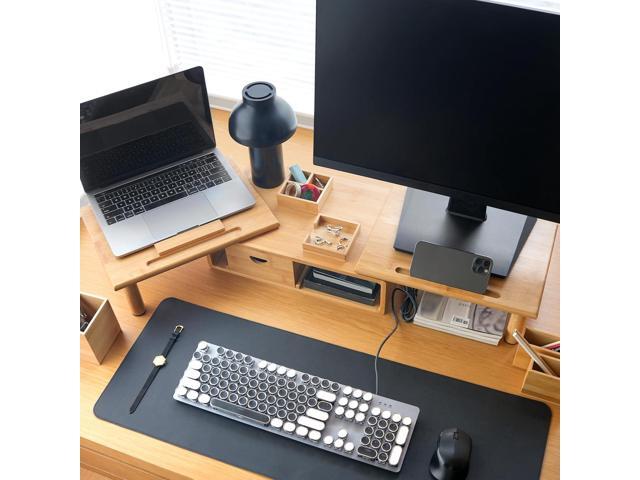 Dual Monitor Stand Riser with Drawer for Desk Laptop Desk Shelf with Adjustable Length and Angle, Bamboo Computer Stand Riser for 2 or 3 Monitors...