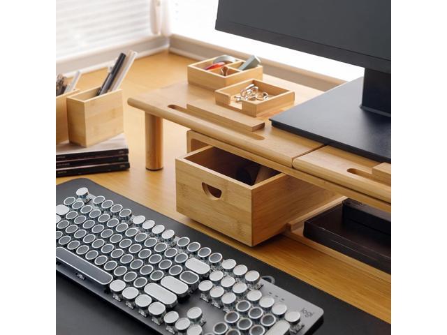 Dual Monitor Stand Riser with Drawer for Desk Laptop Desk Shelf with Adjustable Length and Angle, Bamboo Computer Stand Riser for 2 or 3 Monitors...