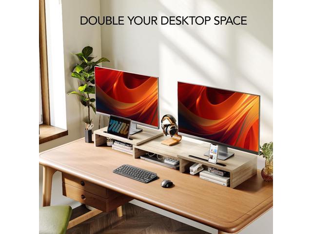 AMERIERGO Dual Monitor Stand Riser- 3 Shelf Screen Stand with Adjustable Length and Angle, 2 Extra Functional Slot Desktop Organizer Stand for PC,...