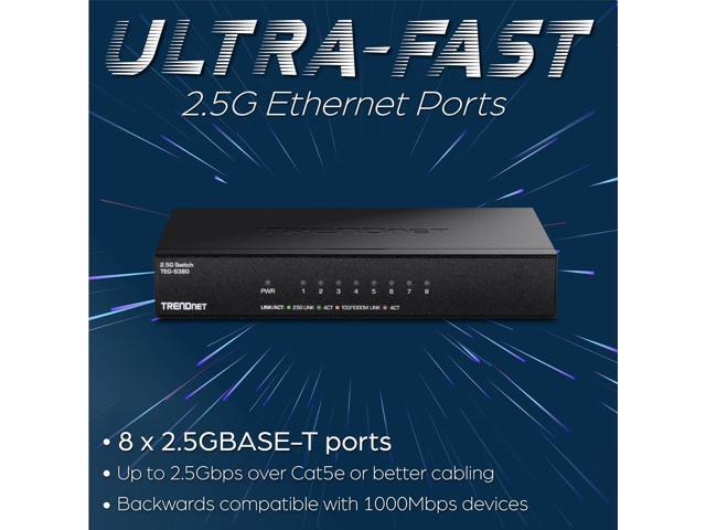TRENDnet 8-Port Unmanaged 2.5G Gaming Switch, 8 x 2.5GBASE-T Ports, 40Gbps Switching Capacity, Backwards Compatible with 1000Mbps Devices, Fanless,...