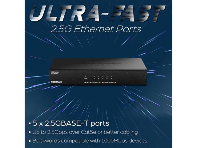 TRENDnet 5-Port Unmanaged 2.5G Gaming Switch, 5 x 2.5GBASE-T Ports, 25Gbps Switching Capacity, Backwards Compatible with 1000Mbps Devices, Fanless,...