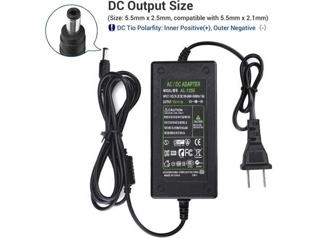 DC 12V 5A Power Supply Adapter, US Plug, 4.6FT Power Cord, AC 100-240V to DC 12V 5A Switching Transformer Jack 5.5mm x 2.5mm for LED Strip, Light,...