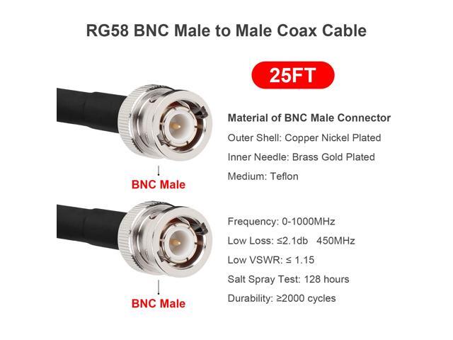 BNC Male to BNC Male Coax Cable 25ft, 50 Ohm RG58 Coaxial Cable with BNC Connectors