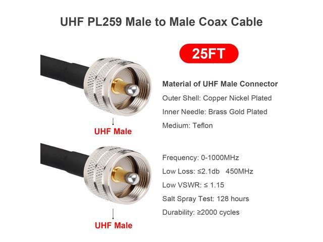 PL259 UHF Cable 25ft, CB Coax Cable RG58 CB Cable UHF Male to Male for CB Radio, Ham Radio, Amateur Radio, Antenna Analyzer, SWR Meter