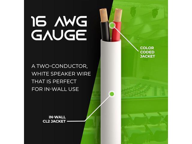 GearIT 16/2 Speaker Wire (50 Feet) 16AWG Gauge - in Wall Audio Speaker Wire Cable / CL2 Rated / 2 Conductors - OFC Oxygen-Free Copper, White 50ft