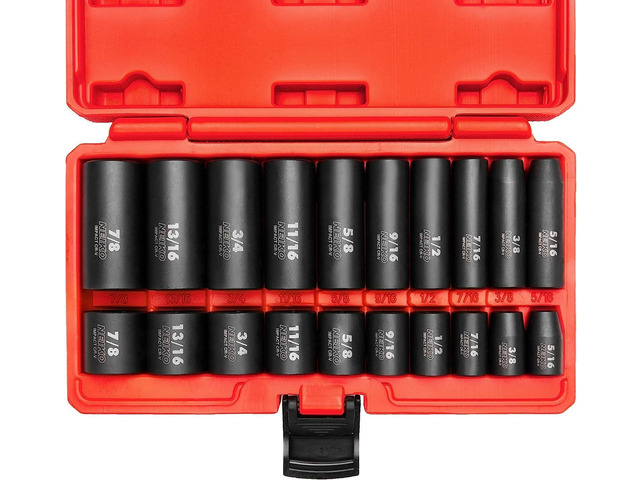 NEIKO 02434A 3/8-Inch-Drive Standard and Deep Impact Socket Set, 6-Point SAE Sizes from 5/16' to 7/8', CrV Steel, 20 Pieces