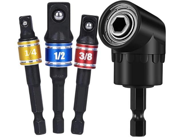 Impact Grade Driver Sockets Adapter Extension Set Drill Bit 3Pcs 1/4 3/8 1/2' Universal Socket Adapter Set and Right Angle Drill 105 Degree Right...