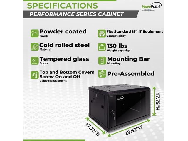 NavePoint 6U Server Cabinet Wall Mount Rack Enclosure Includes 2 Fans, Locking Glass Door, Removable Side Panels 6U Network Cabinet 17.7 Deep, 19...