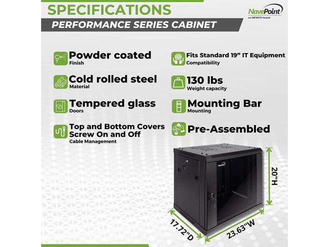 NavePoint 9U Server Cabinet Wall Mount Rack Enclosure Includes 2 Fans, Locking Glass Door, Removable Side Panels 9U Network Cabinet 17.7 Deep, 19...