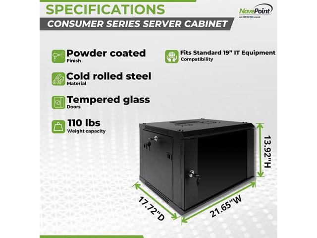 NavePoint 6U Server Rack Enclosure with Glass Door, Cooling Fan, Locks, & Removable Side Panels - 6U Wall Mount Network Cabinet 19 Inch Rack 17.7...