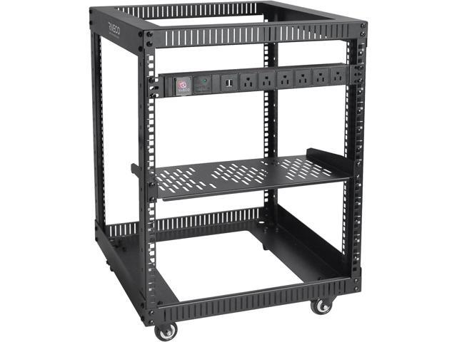 RIVECO 12U Server Rack Open Frame with Wheels + PDU (8 Outlets) Power Strip Surge Protector +1 Shelf Cantilever Tray Set Black