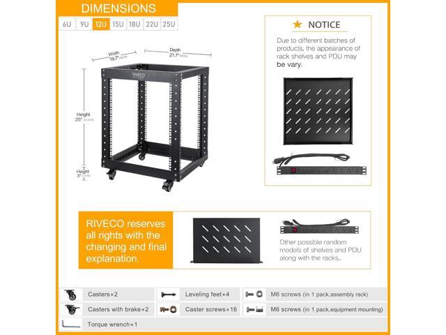 RIVECO 12U Server Rack Open Frame with Wheels + PDU (8 Outlets) Power Strip Surge Protector +1 Shelf Cantilever Tray Set Black
