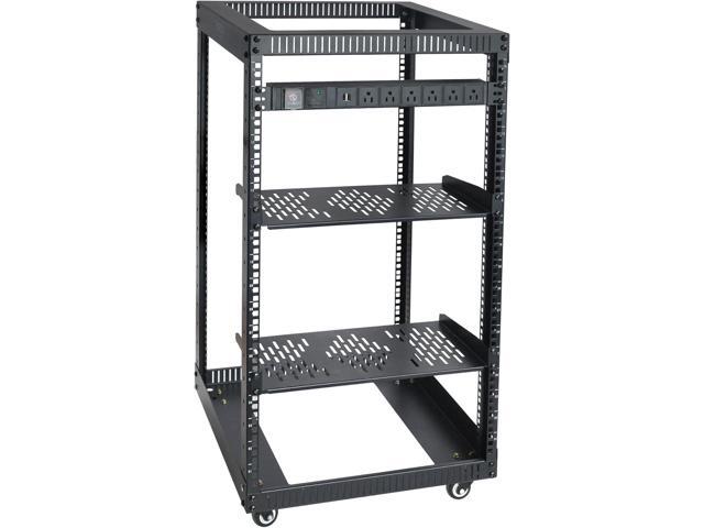 RIVECO 18U Open Frame Server Rack with Brake Casters + PDU (8 Outlets) Power Strip Surge Protector + 2 Pcs Shelves Cantilever Tray Set Black