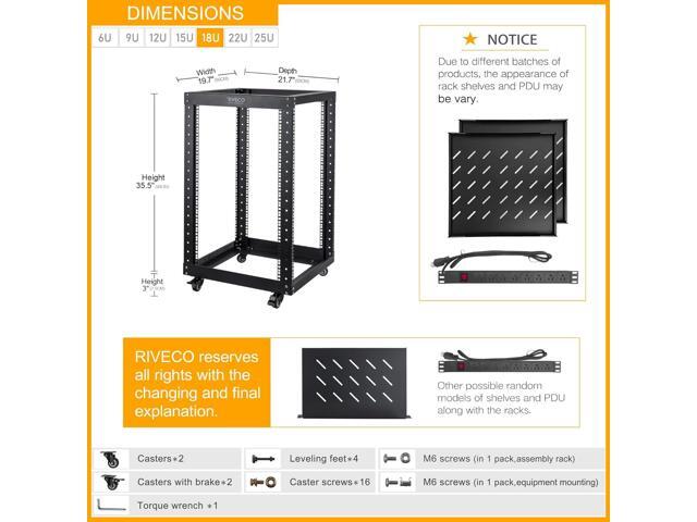 RIVECO 18U Open Frame Server Rack with Brake Casters + PDU (8 Outlets) Power Strip Surge Protector + 2 Pcs Shelves Cantilever Tray Set Black