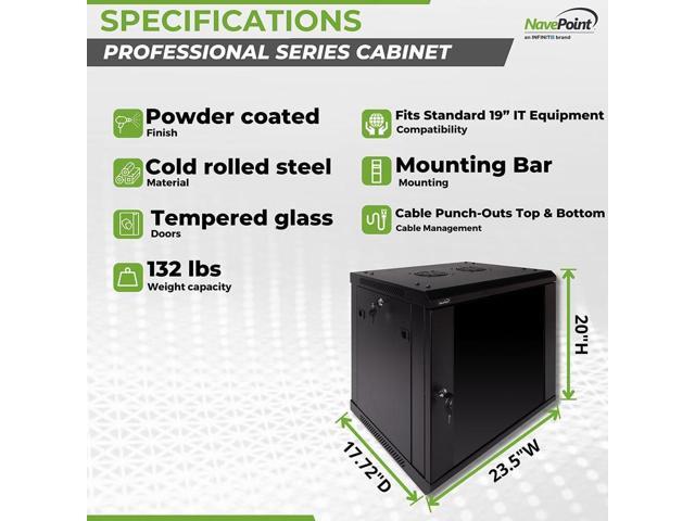 NavePoint 9U Deluxe IT Wallmount Cabinet Enclosure 19-Inch Server Network Rack with Locking Glass Door - Black