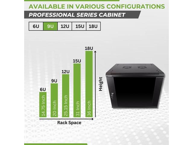 NavePoint 9U Deluxe IT Wallmount Cabinet Enclosure 19-Inch Server Network Rack with Locking Glass Door - Black