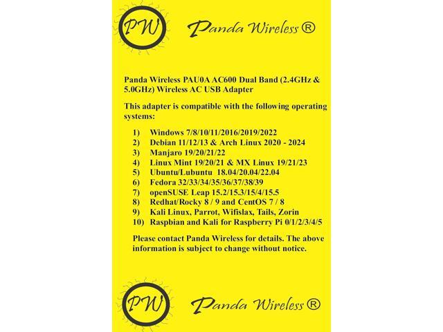 Panda Wireless PAU0A AC600 Dual Band (2.4GHz and 5GHz) Wireless AC USB Adapter - Win 7/8/10/11, Zorin, Mint, Ubuntu, MX Linux, Manjaro, Fedora,...