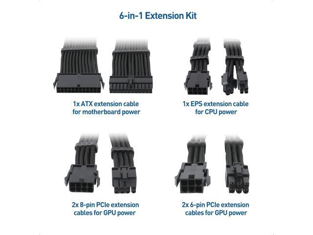 Cable Matters 12-inch 6-Piece Sleeved PSU Extension Cable Kit (Power Supply Extension Cable, PSU Cables Kit) in Black with 24-pin ATX, 4+4 Pin...