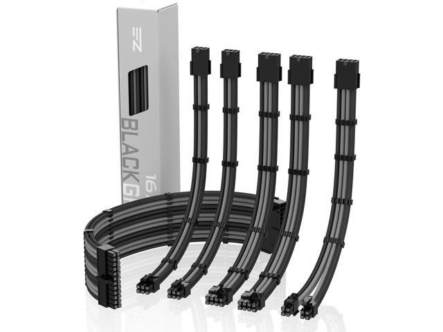 EZDIY-FAB PSU Cable Extension kit Sleeved Cable Custom Power Supply Sleeved Extension 16 AWG 24-PIN 8-PIN 6-PIN 4+4-PIN with Combs- Black/Grey