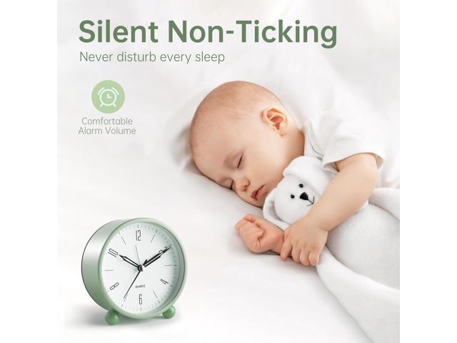 Analog Alarm Clock, 4 inch Super Silent Non Ticking Small Clock with Night Light, Battery Operated, Simple Design, Old Fashioned Style Sage Decor,...