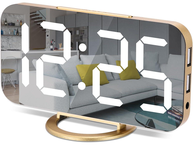 Digital Alarm Clock,7 in LED Mirrored Clocks Large Display,with 2 USB Charger Ports,Auto Dim,Night Mode,Modern Desktop Electronic Clocks for...