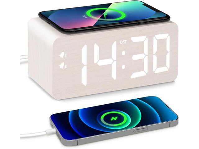 Wooden Digital Alarm Clock, 10W Fast Wireless Charger Station & 2 USB Charging Ports, with 0~99% Dimmer, Dual Alarm, Weekday/Weekend Mode, Wood LED...