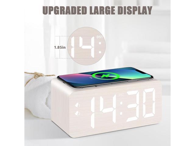 Wooden Digital Alarm Clock, 10W Fast Wireless Charger Station & 2 USB Charging Ports, with 0~99% Dimmer, Dual Alarm, Weekday/Weekend Mode, Wood LED...