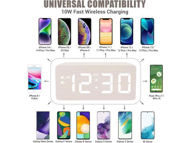 Wooden Digital Alarm Clock, 10W Fast Wireless Charger Station & 2 USB Charging Ports, with 0~99% Dimmer, Dual Alarm, Weekday/Weekend Mode, Wood LED...