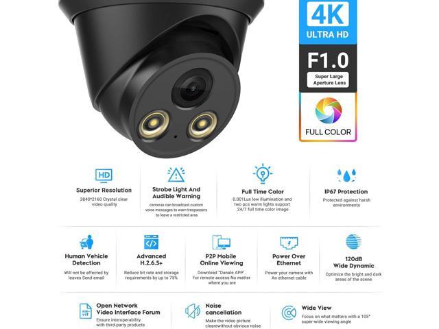 VIKYLIN 8MP Full Color IP PoE AI Turret Camera(Black),F1.0 Aperture 98ft Color Night Vision,Built-in Mic,Human/Vehicle Detection,2.8mm Lens,IP67 4K...
