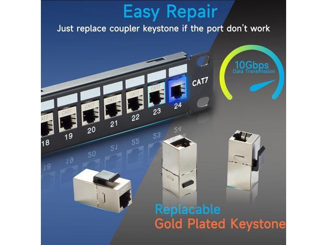 24 Port RJ45 Patch Panel Cat7 STP Feed Through, Coupler Network Patch Panel 19 Inch, Inline Keystone Ethernet Patch Panel with Back Bar
