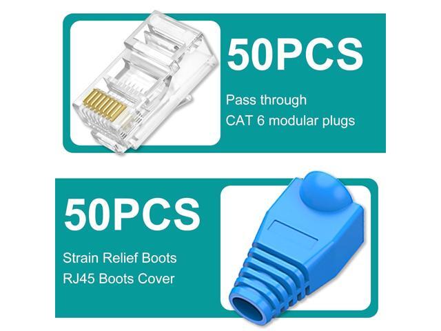 UTP RJ45 Connectors, Cat6 RJ45 Pass Through Plugs 50-Pack, Cat6 RJ45 Plugs with 50-Pack Strain Relief Boots for Solid or Standard Ethernet Cables,...