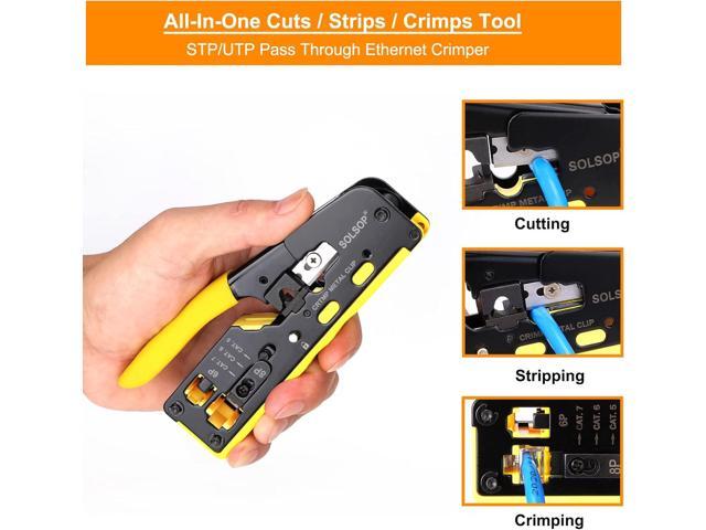 Solsop Pass Through RJ45 Crimp Tool Kit All-in-One Ethernet Crimper Cat7 Cat6 Cat5 Crimping Tool with Network Cable Tester, 50-Pack Cat6 RJ45 Pass...