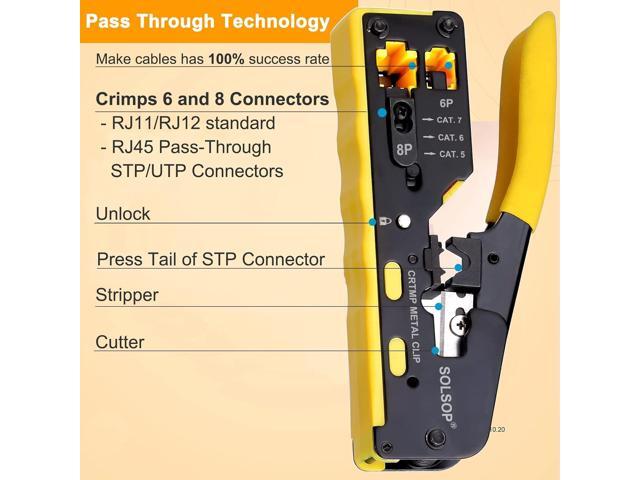 Solsop Pass Through RJ45 Crimp Tool Kit All-in-One Ethernet Crimper Cat7 Cat6 Cat5 Crimping Tool with Network Cable Tester, 50-Pack Cat6 RJ45 Pass...