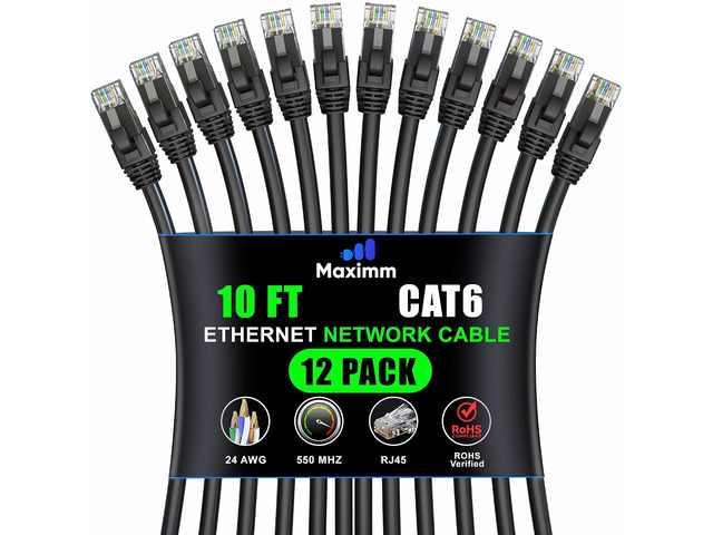 Maximm Cat 6 Ethernet Cable 10 ft (12-Pack) - High-Speed LAN Cable, Internet Cable, Patch Cable, and Network Cable - UTP, 10Gbps, 550MHz Ethernet...